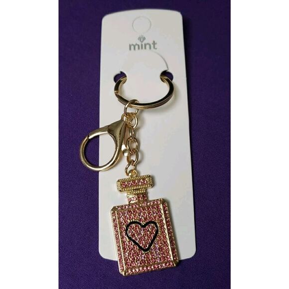Mint Pink Perfume Bottle Rhinestone Purse Charm Key Ring Chain Gold Tone New - Picture 1 of 5